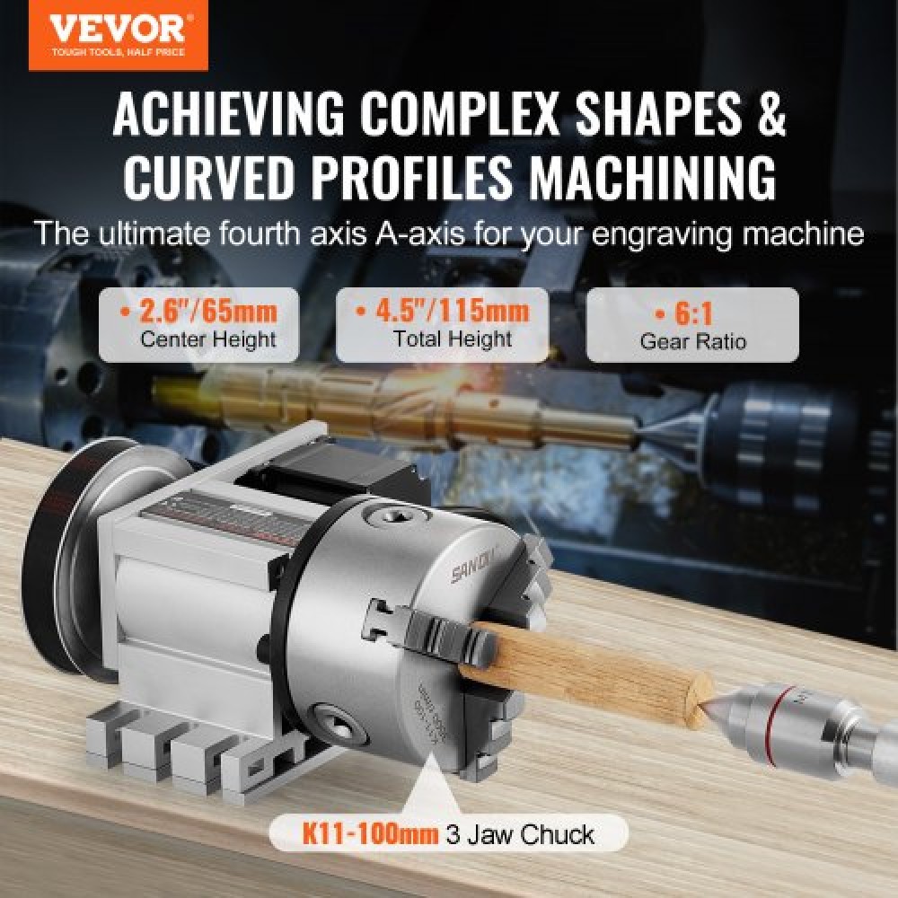 VEVOR Indexing Dividing Head K11-100mm 3-Jaw Chuck Tailstock for CNC Milling