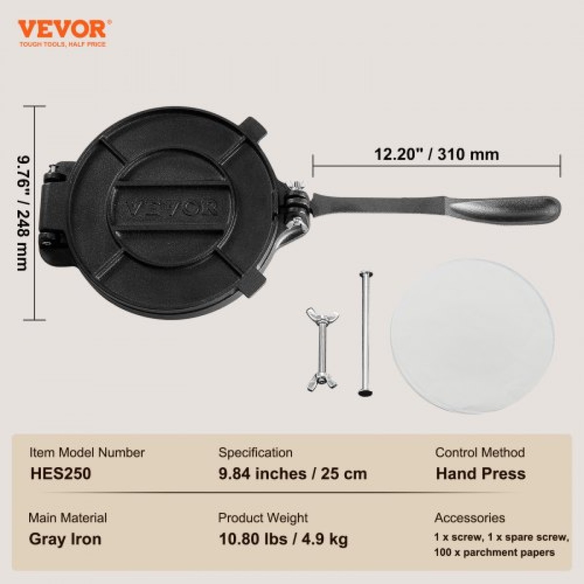 Πρέσα τορτίγιας VEVOR, Πρέσα τορτίγιας και Roti 10 ιντσών, Πρέσα Tortilladora Heavy Duty από χυτοσίδηρο, Pre-seasoned Pataconera Maker με 100 τμχ χαρτί περγαμηνής, Ζυμοποιός για τορτίγια αλευριού, Tawa, ασήμι