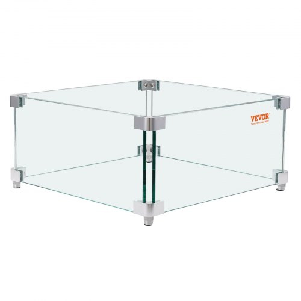 VEVOR Gas Fire Pit Wind Guard for Square Fire Table, 380 x 380 x 180 mm Clear Tempered Wind Guard for Firepits, 8mm Thick Square Glass Shield, Glass Panel with Hard Corner Bracket & Feet