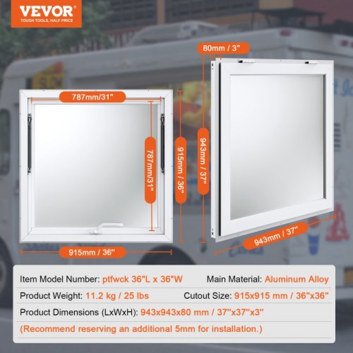 VEVOR Concession Window 36"x36", Παράθυρο σέρβις Food Truck από κράμα αλουμινίου με τέντα πόρτα & σύρσιμο άγκιστρο, παράθυρο σερβιρίσματος βάσης έως 85 μοιρών για τρέιλερ παραχώρησης φορτηγών τροφίμων, γυαλί Δεν περιλαμβάνεται