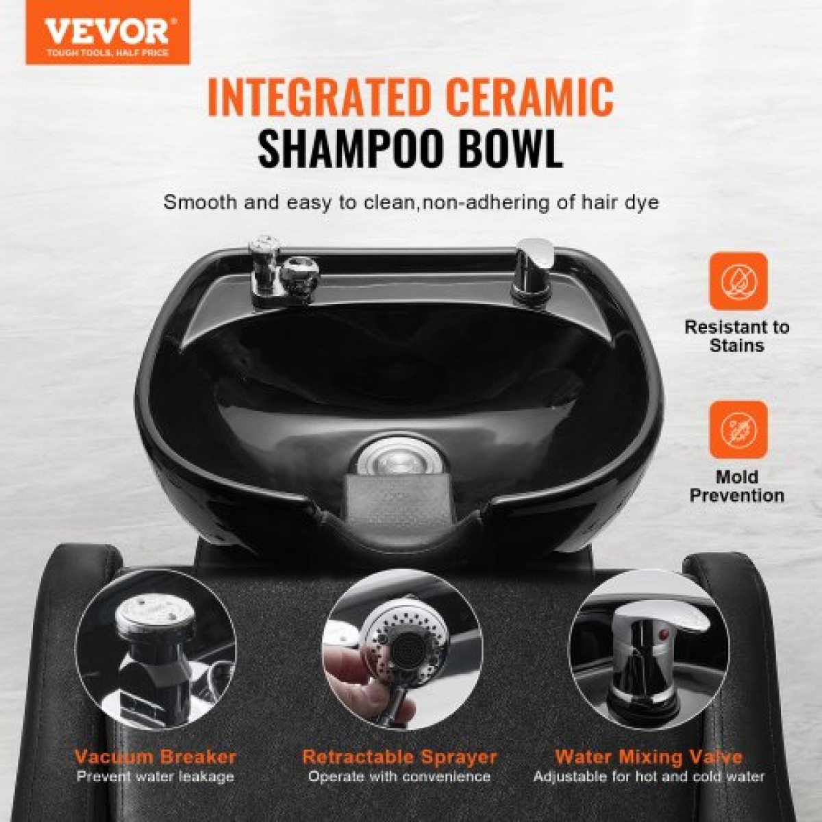 VEVOR Shampoo Backwash Chair, 661.4 LBS Loading Salon & Spa Hair Washing Station, Backwash Barber Shampoo Bowl and Chair, Beauty Spa Massage Εξοπλισμός κομμωτικής με κεραμικό μπολ και φαρδύ υποπόδιο