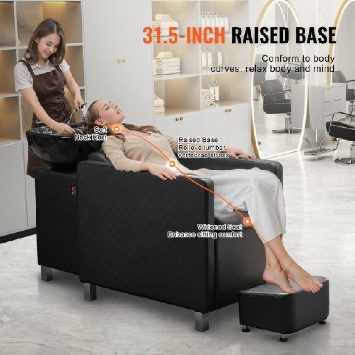 VEVOR Shampoo Backwash Chair, 661.4 LBS Loading Salon & Spa Hair Washing Station, Backwash Barber Shampoo Bowl and Chair, Beauty Spa Massage Εξοπλισμός κομμωτικής με κεραμικό μπολ και φαρδύ υποπόδιο