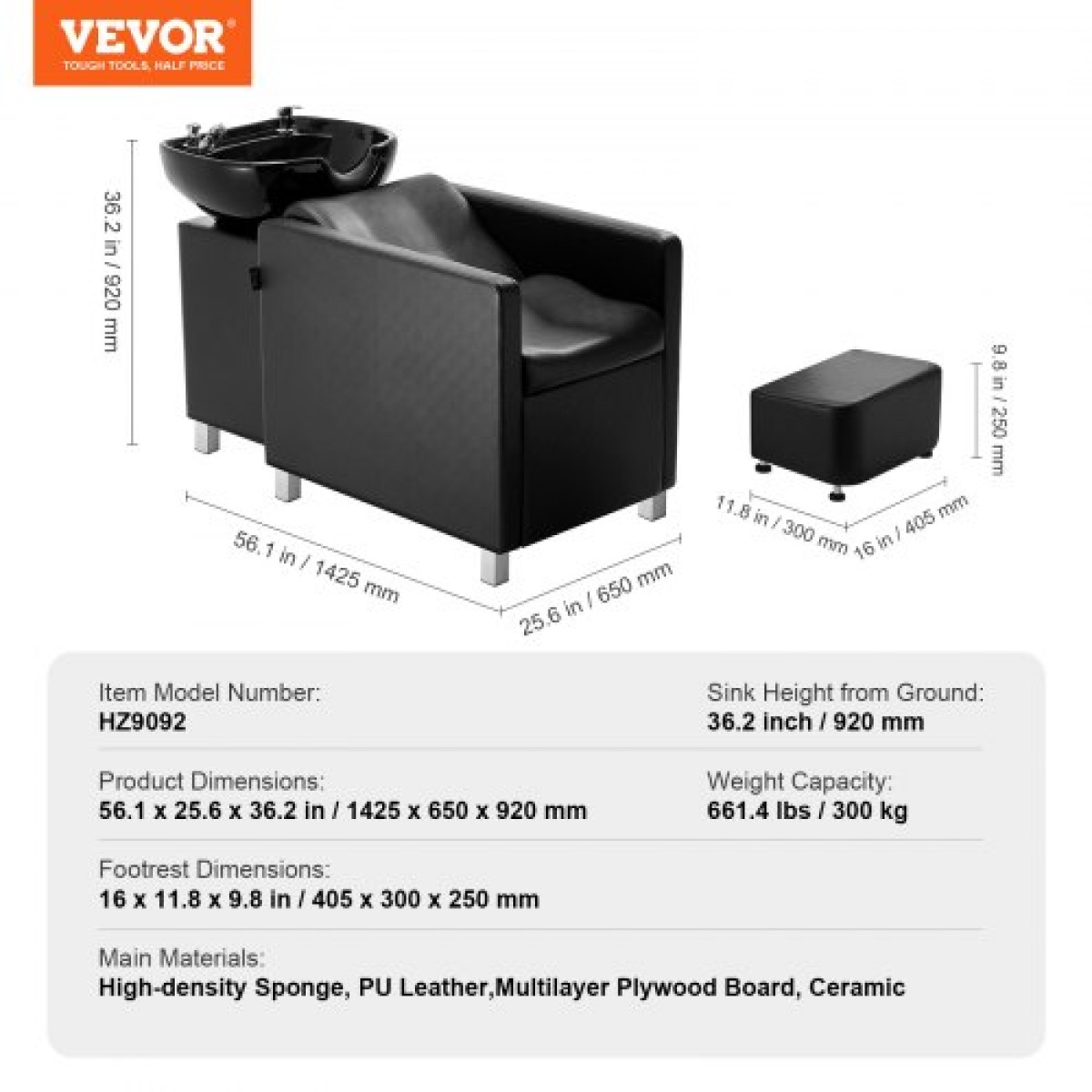 VEVOR Shampoo Backwash Chair, 661.4 LBS Loading Salon & Spa Hair Washing Station, Backwash Barber Shampoo Bowl and Chair, Beauty Spa Massage Εξοπλισμός κομμωτικής με κεραμικό μπολ και φαρδύ υποπόδιο