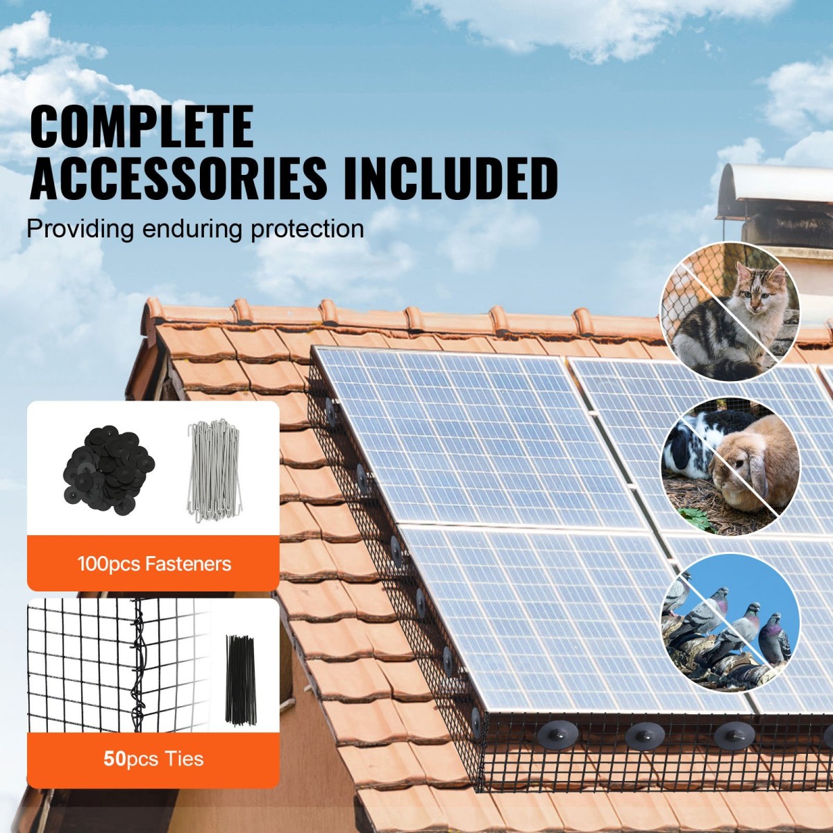 VEVOR 15 x 3048 cm Solar Panel Bird Guard, Critter Guard Roll Kit με 100 τμχ. Συνδετήρες από κράμα αλουμινίου, προστατευτικό ηλιακού πάνελ με επίστρωση PVC ανθεκτική στη σκουριά, συρμάτινο πλέγμα 12,7 mm