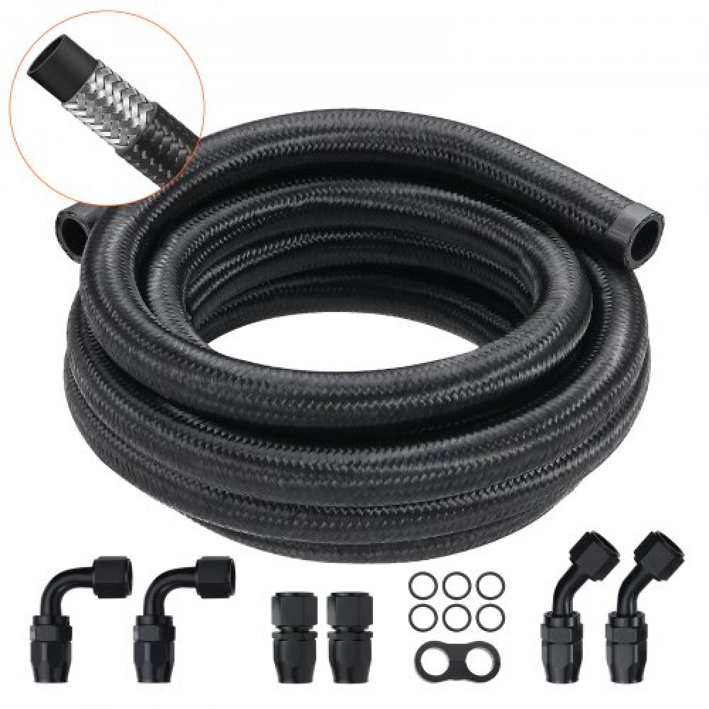 VEVOR 10AN Fuel Line Kit, 10 FT Fuel Hose Kit, 0.55" Nylon Stainless Steel Braided Fuel Line Oil/Gas/Diesel Hose End Fitting Kit, with 7 PCS Swivel Fitting Adapter Kit, Black