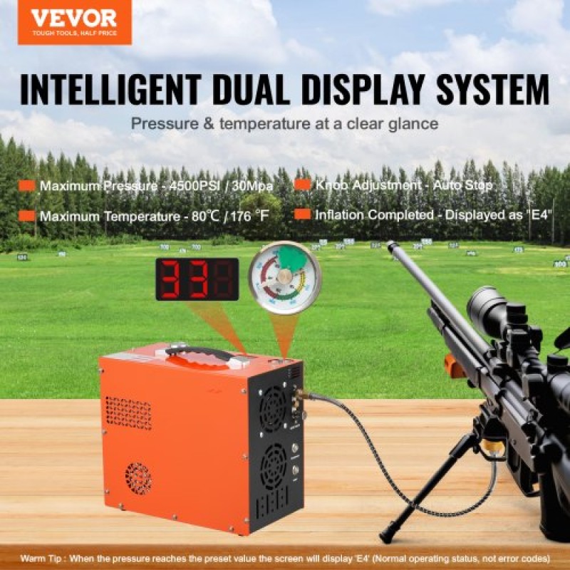 VEVOR PCP Air Compressor, 4500PSI/30Mpa Portable PCP Airgun Compressor - Ενσωματωμένο σύστημα ψύξης νερού και ανεμιστήρα, Auto-Stop |Συμπιεστής δεξαμενής Paintball DC12V/AC230V για αεροβόλο τουφέκι, μπουκάλι κατάδυσης