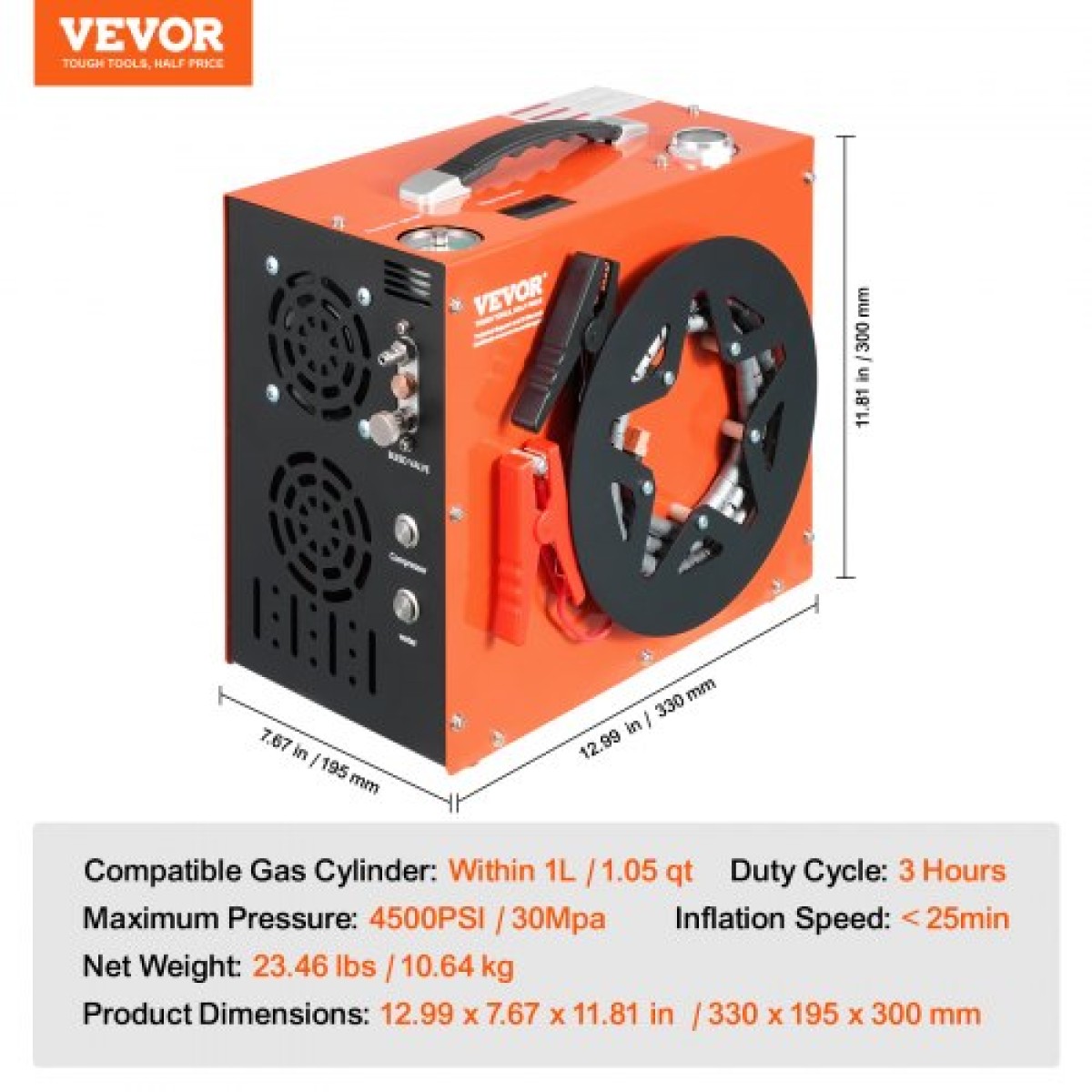 VEVOR PCP Air Compressor, 4500PSI/30Mpa Portable PCP Airgun Compressor - Ενσωματωμένο σύστημα ψύξης νερού και ανεμιστήρα, Auto-Stop |Συμπιεστής δεξαμενής Paintball DC12V/AC230V για αεροβόλο τουφέκι, μπουκάλι κατάδυσης