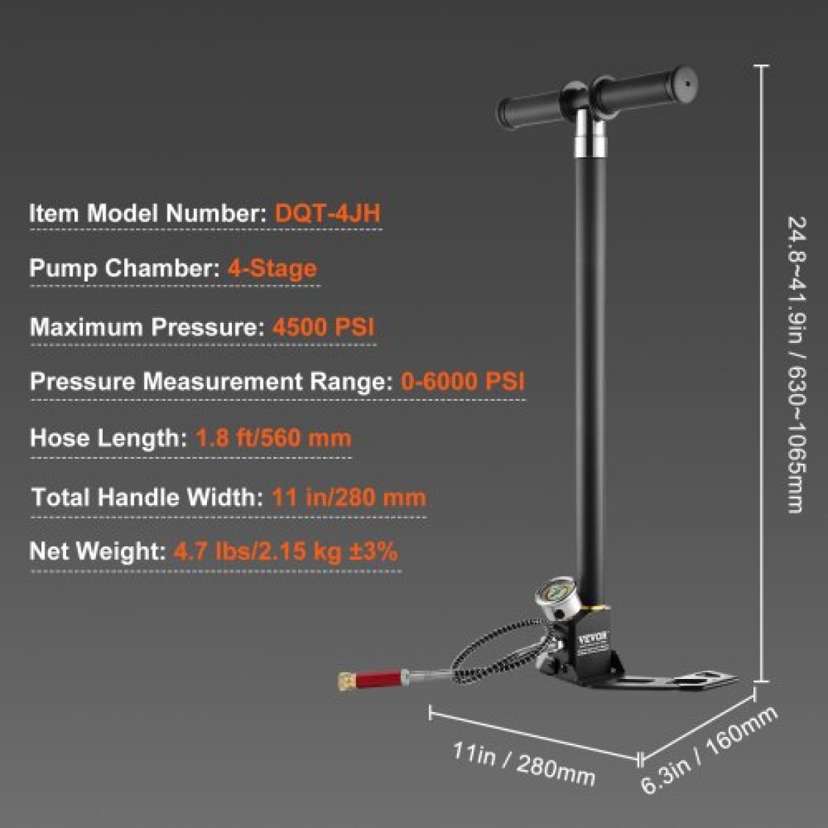 Αντλία χειρός VEVOR PCP, 4 σταδίων, 30Mpa 4500PSI Υψηλής πίεσης PCP Air Rifle Filling Stirrup Pump με μετρητή πίεσης φίλτρου υγρασίας, ανοξείδωτος χάλυβας για αεροβόλα Ελαστικό Scuba Tank Paintball Filling