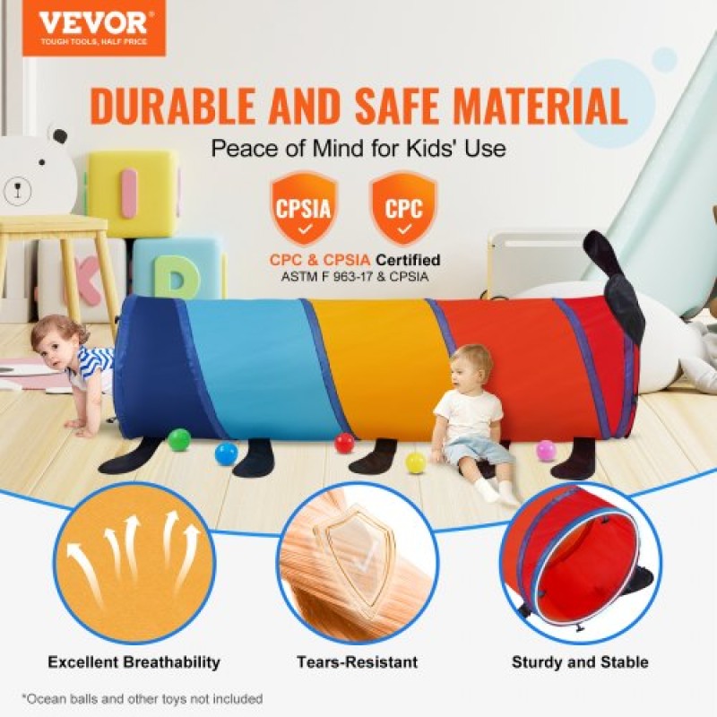 VEVOR Kids Play Tunnel Tent για νήπια, Πολύχρωμο Pop Up Caterpillar Crawl Tunnel Toy για μωρό ή κατοικίδιο, Πτυσσόμενο δώρο για αγόρι και κορίτσι Παίξτε Tunnel παιχνίδι εσωτερικού και εξωτερικού χώρου, Πολύχρωμο