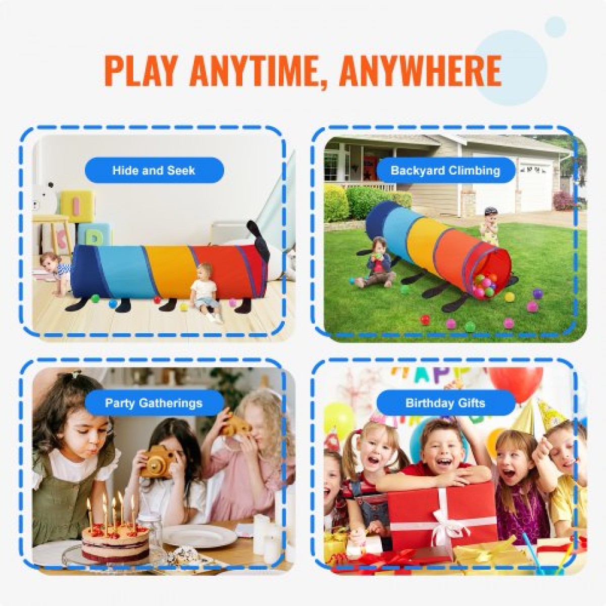 VEVOR Kids Play Tunnel Tent για νήπια, Πολύχρωμο Pop Up Caterpillar Crawl Tunnel Toy για μωρό ή κατοικίδιο, Πτυσσόμενο δώρο για αγόρι και κορίτσι Παίξτε Tunnel παιχνίδι εσωτερικού και εξωτερικού χώρου, Πολύχρωμο