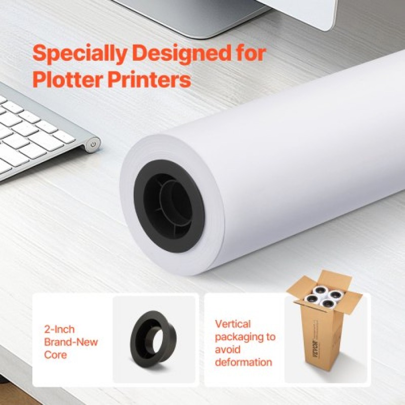 Χαρτί ευρείας μορφής VEVOR, 24 in x 150 ft Paper Plotter, 4 Rolls CAD Bond Rolls with 2 in Core, 20 LB Bond Paper Rolls, Idea for CAD Drawings, Engineering Plans, GIS Maps & Architectural Designs