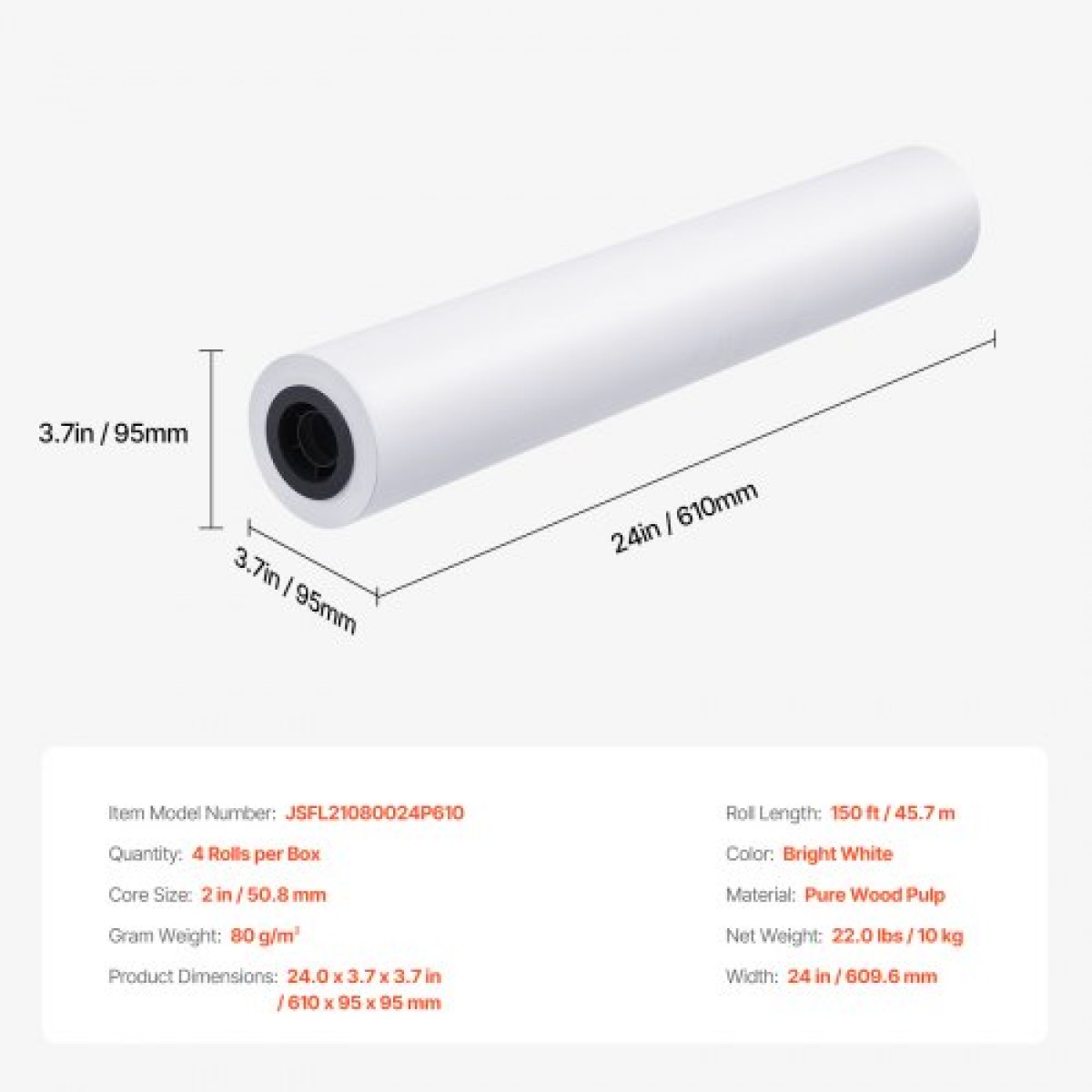 Χαρτί ευρείας μορφής VEVOR, 24 in x 150 ft Paper Plotter, 4 Rolls CAD Bond Rolls with 2 in Core, 20 LB Bond Paper Rolls, Idea for CAD Drawings, Engineering Plans, GIS Maps & Architectural Designs