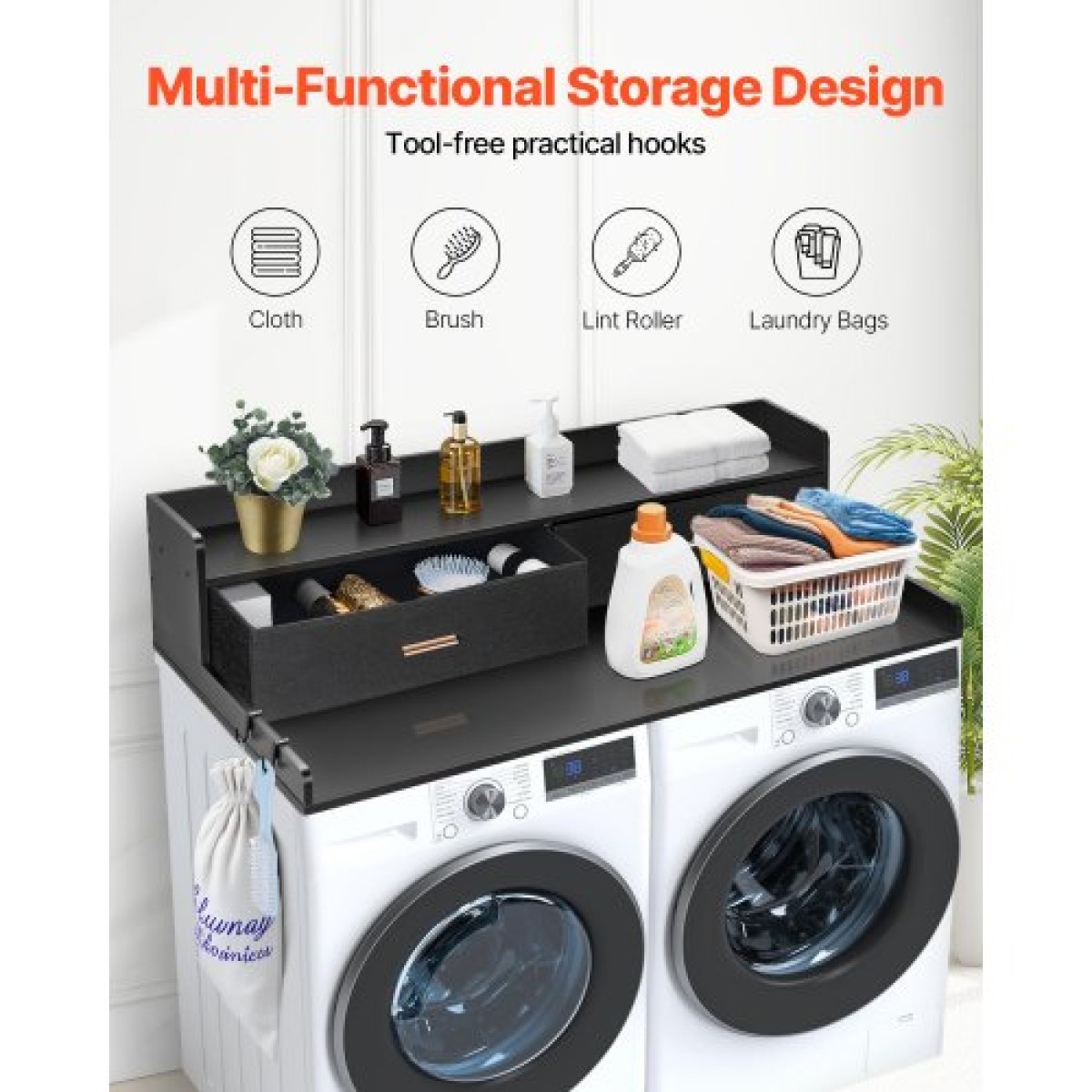 Πάγκος VEVOR 2 Drawers Washer Washer Dryer countertop με ράφι 2 επιπέδων, 54" x 27" Ξύλινο πλυντήριο και στεγνωτήριο πάγκος με αντιολισθητικά μαξιλαράκια, αδιάβροχο κάλυμμα πλυντηρίου για οργάνωση δωματίου πλυντηρίου, μαύρο
