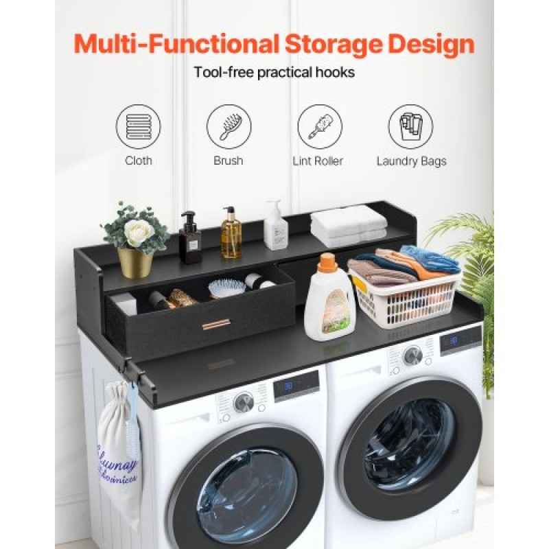 Πάγκος VEVOR 2 Drawers Washer Washer Dryer countertop με ράφι 2 επιπέδων, 54" x 27" Ξύλινο πλυντήριο και στεγνωτήριο πάγκος με αντιολισθητικά μαξιλαράκια, αδιάβροχο κάλυμμα πλυντηρίου για οργάνωση δωματίου πλυντηρίου, μαύρο