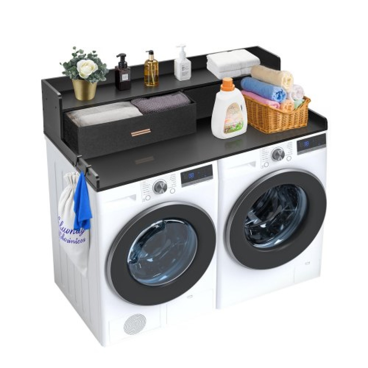 Πάγκος VEVOR 2 Drawers Washer Washer Dryer countertop με ράφι 2 επιπέδων, 54" x 27" Ξύλινο πλυντήριο και στεγνωτήριο πάγκος με αντιολισθητικά μαξιλαράκια, αδιάβροχο κάλυμμα πλυντηρίου για οργάνωση δωματίου πλυντηρίου, μαύρο