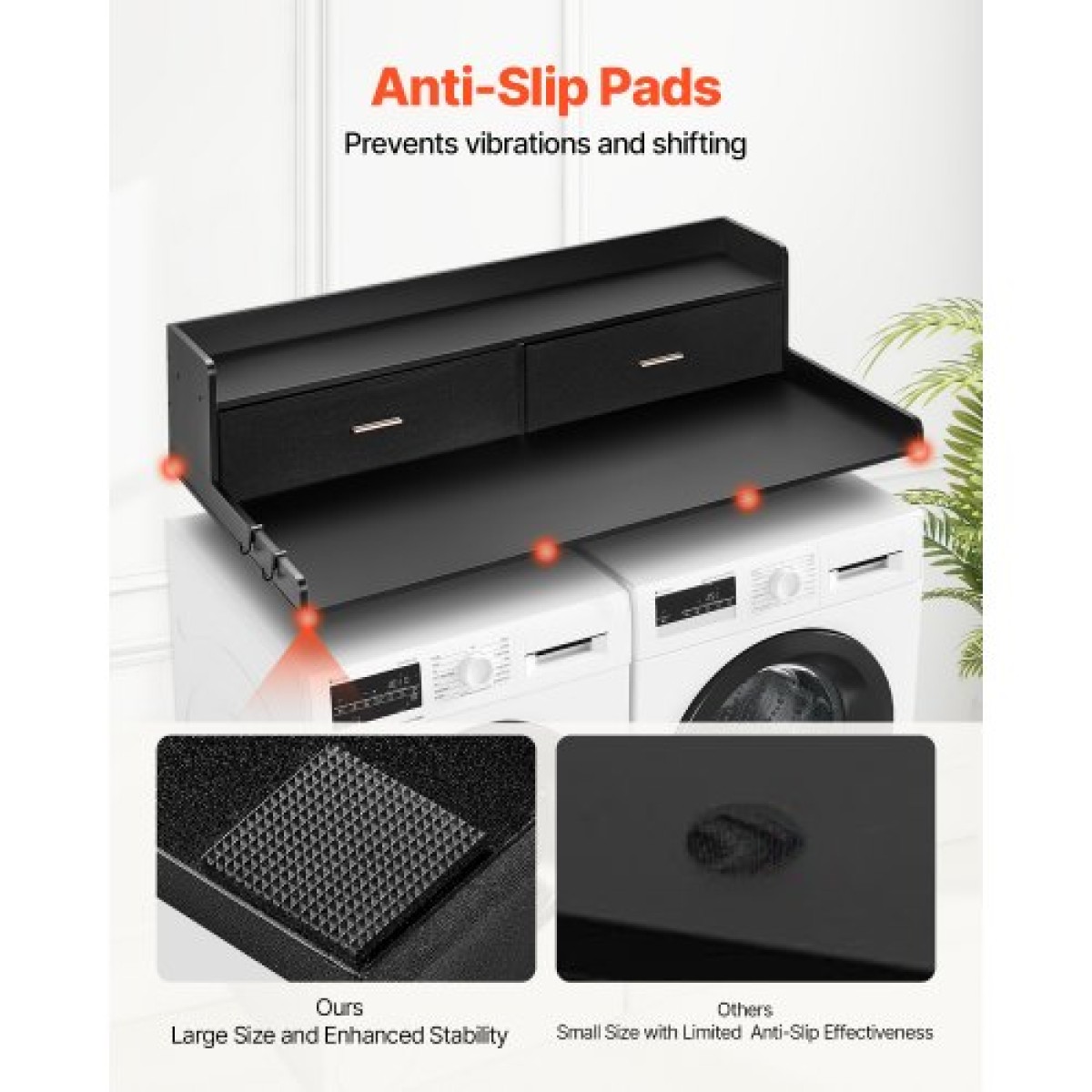 Πάγκος VEVOR 2 Drawers Washer Washer Dryer countertop με ράφι 2 επιπέδων, 54" x 27" Ξύλινο πλυντήριο και στεγνωτήριο πάγκος με αντιολισθητικά μαξιλαράκια, αδιάβροχο κάλυμμα πλυντηρίου για οργάνωση δωματίου πλυντηρίου, μαύρο