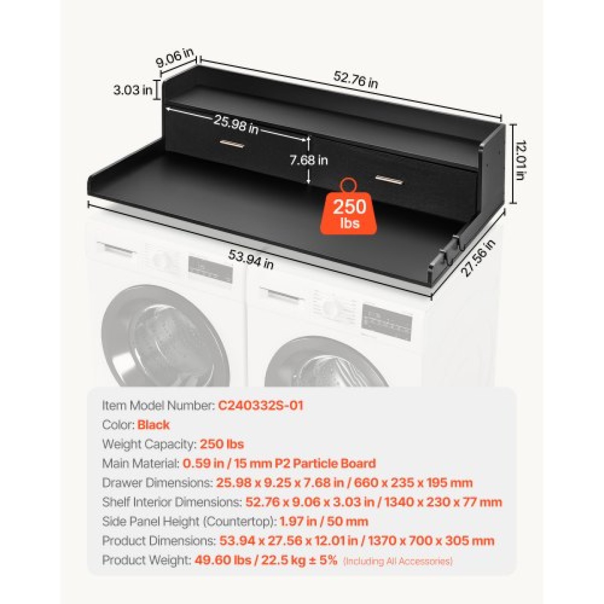 Πάγκος VEVOR 2 Drawers Washer Washer Dryer countertop με ράφι 2 επιπέδων, 54" x 27" Ξύλινο πλυντήριο και στεγνωτήριο πάγκος με αντιολισθητικά μαξιλαράκια, αδιάβροχο κάλυμμα πλυντηρίου για οργάνωση δωματίου πλυντηρίου, μαύρο