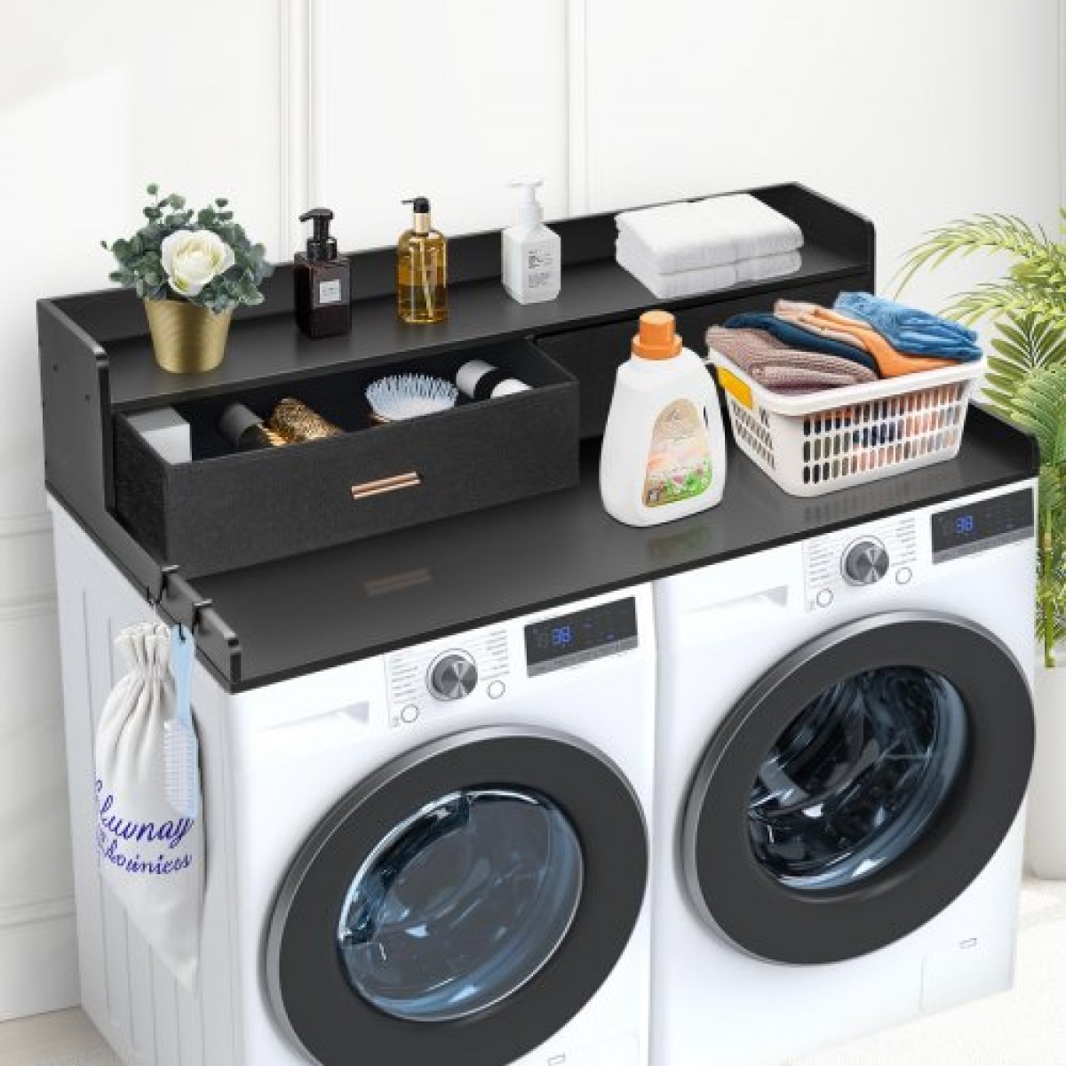 Πάγκος VEVOR 2 Drawers Washer Washer Dryer countertop με ράφι 2 επιπέδων, 54" x 27" Ξύλινο πλυντήριο και στεγνωτήριο πάγκος με αντιολισθητικά μαξιλαράκια, αδιάβροχο κάλυμμα πλυντηρίου για οργάνωση δωματίου πλυντηρίου, μαύρο