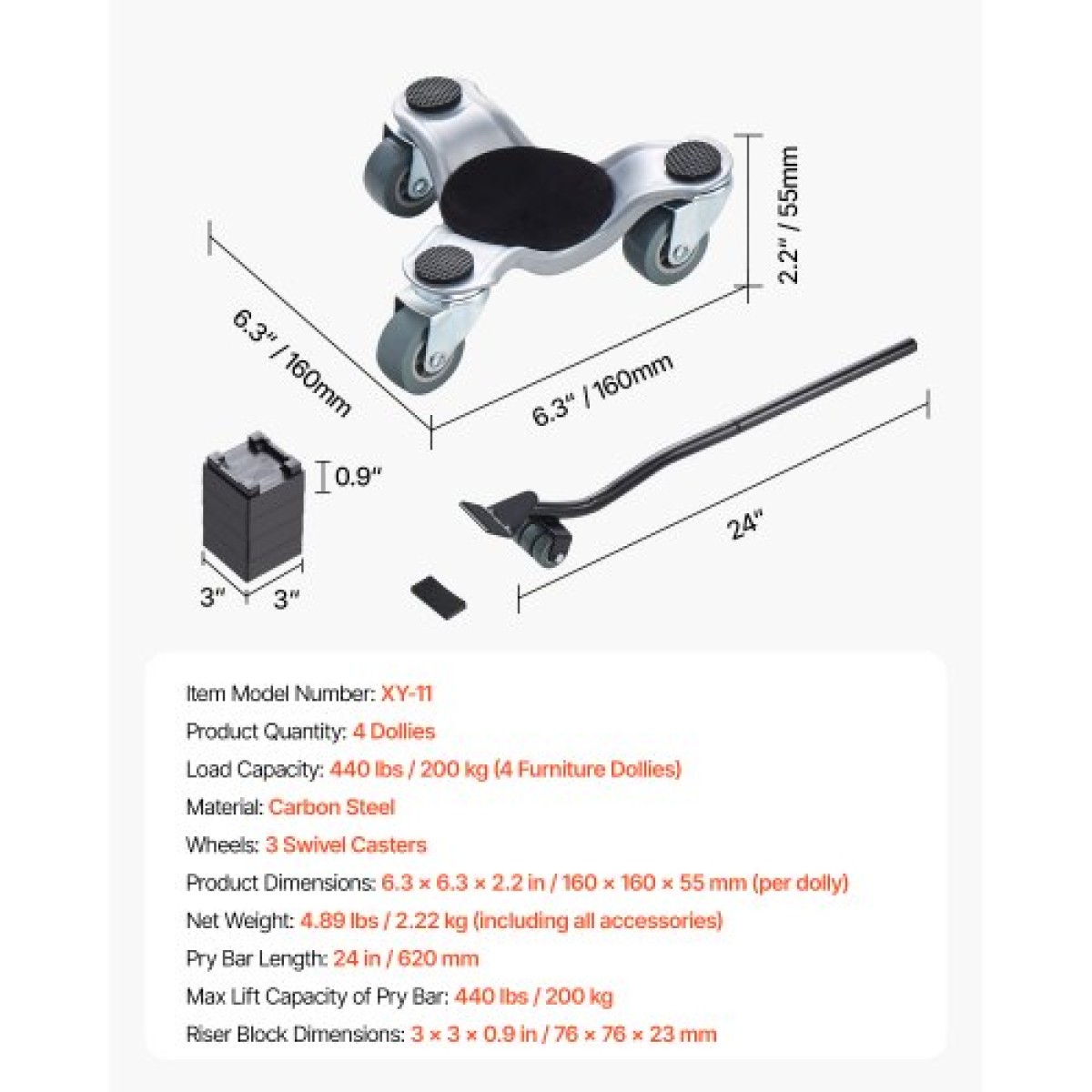 VEVOR Furniture Dolly, χωρητικότητα φόρτωσης 440 λίβρες, 3 Τροχοί Ατσάλι 6,3" Tri-dolly Heavy Duty Mover με τριγωνικό περιστρεφόμενο τροχίσκο, πάνελ από ανθρακούχο χάλυβα, Σετ εργαλείων ανύψωσης επίπλων για συσκευές, καναπές, ψυγείο