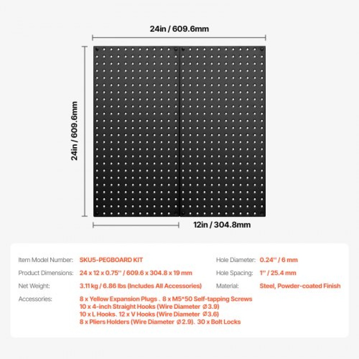 Πάνελ VEVOR Metal Pegboard, 24" x 12" Pegboard, 2 πάνελ, βαρέως τύπου Peg Board Organizer τοίχου με αξεσουάρ, για σαλόνι γκαράζ Αποθήκευση εργαλείων Οργάνωση γραφείου Craft Room Κουζίνα Σπίτι, Μαύρο