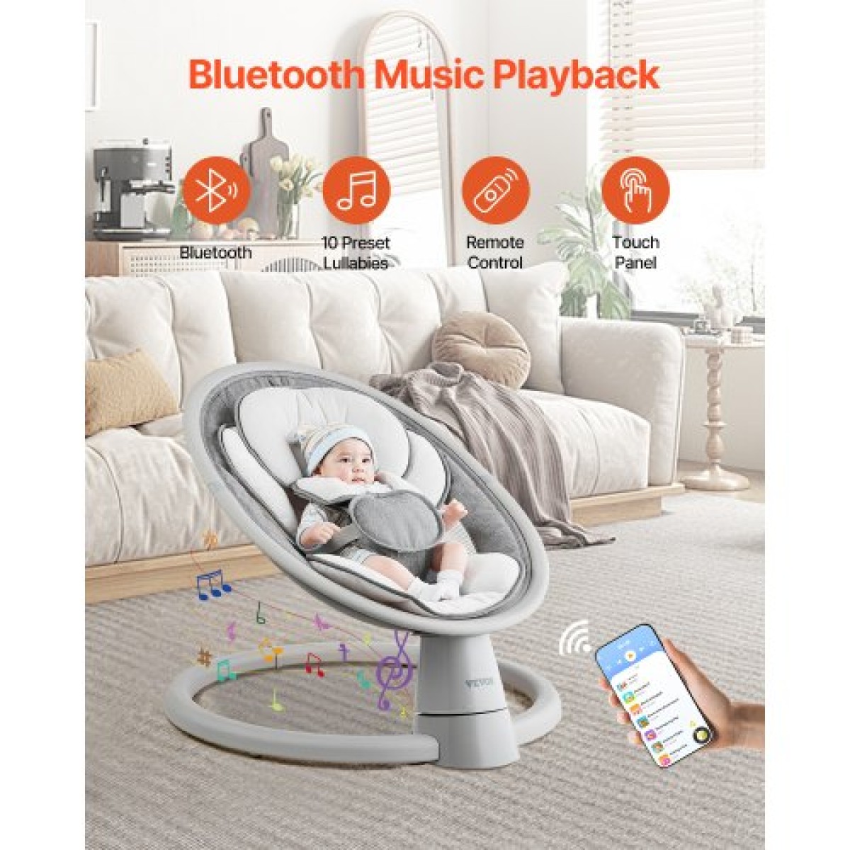 VEVOR Baby Swing, 5-τάχυτο Baby Rocker Swing, φορητή βρεφική κούνια με τηλεχειριστήριο, πάνελ αφής, μουσική Bluetooth, 10 προκαθορισμένα νανουρίσματα & ζώνη ασφαλείας 5 σημείων για 0-9 μηνών αγόρια κορίτσια έως 20 κιλά