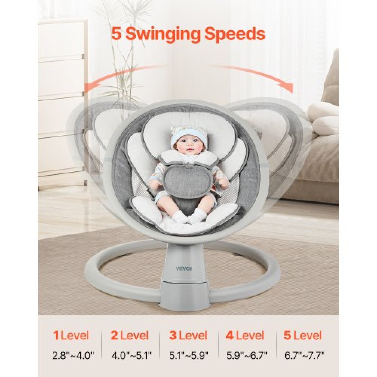 VEVOR Baby Swing, 5-τάχυτο Baby Rocker Swing, φορητή βρεφική κούνια με τηλεχειριστήριο, πάνελ αφής, μουσική Bluetooth, 10 προκαθορισμένα νανουρίσματα & ζώνη ασφαλείας 5 σημείων για 0-9 μηνών αγόρια κορίτσια έως 20 κιλά