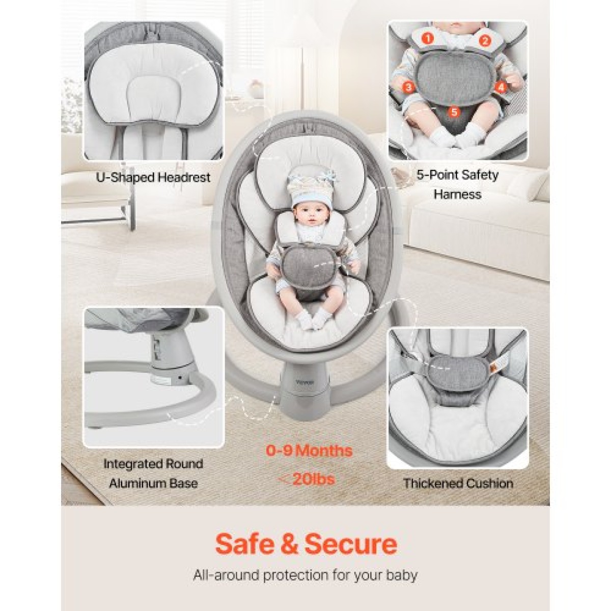 VEVOR Baby Swing, 5-τάχυτο Baby Rocker Swing, φορητή βρεφική κούνια με τηλεχειριστήριο, πάνελ αφής, μουσική Bluetooth, 10 προκαθορισμένα νανουρίσματα & ζώνη ασφαλείας 5 σημείων για 0-9 μηνών αγόρια κορίτσια έως 20 κιλά