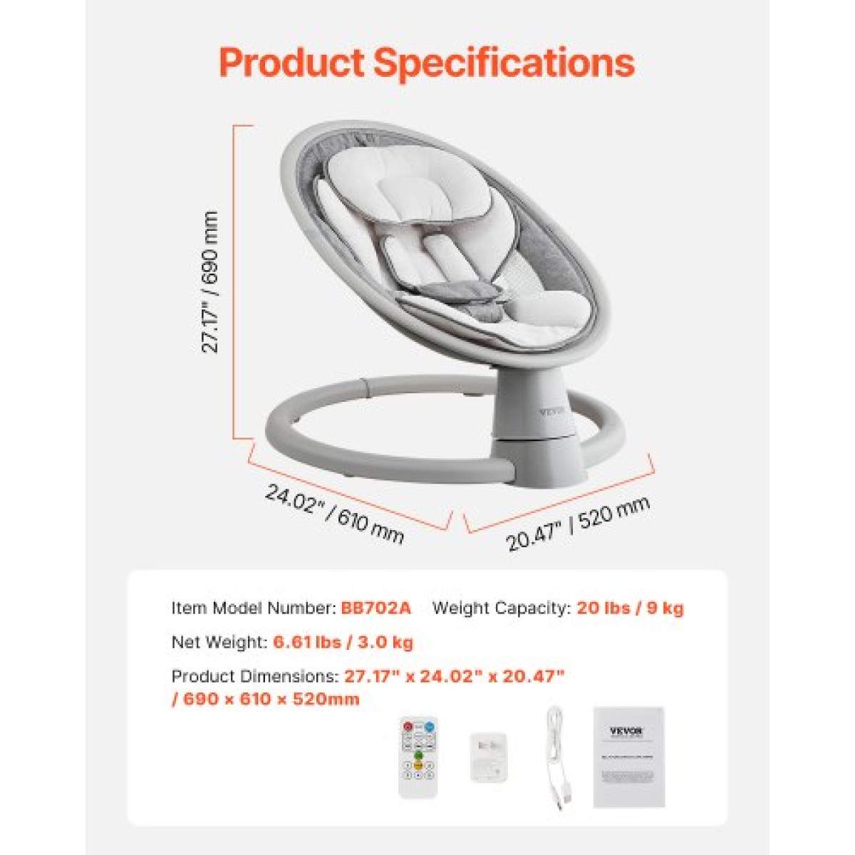 VEVOR Baby Swing, 5-τάχυτο Baby Rocker Swing, φορητή βρεφική κούνια με τηλεχειριστήριο, πάνελ αφής, μουσική Bluetooth, 10 προκαθορισμένα νανουρίσματα & ζώνη ασφαλείας 5 σημείων για 0-9 μηνών αγόρια κορίτσια έως 20 κιλά
