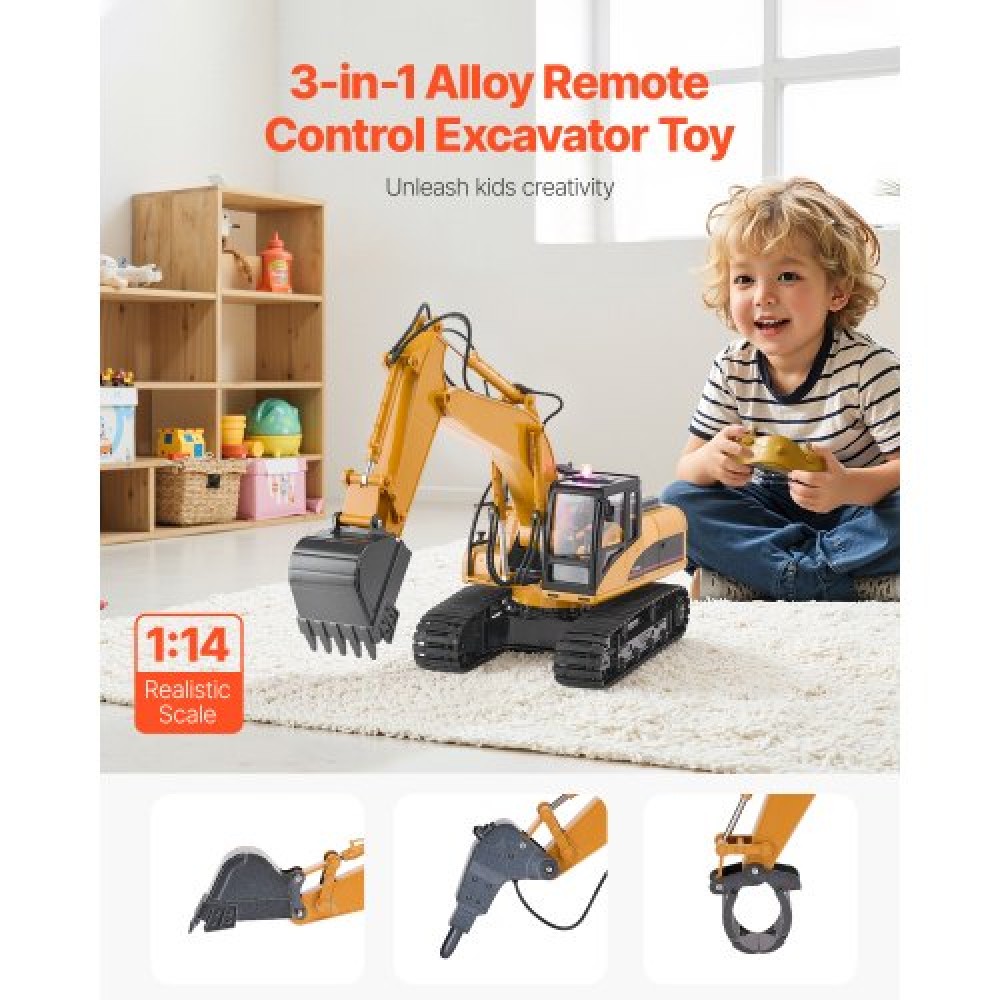 VEVOR Remote Control Excavator Toy, 15 Channel, 3 in 1 Remote Control Digger with Metal Shovel, 1:14 Scale RC Excavator with Light & Sound, Full Functional Construction Vehicles for Children, 2 Batteries