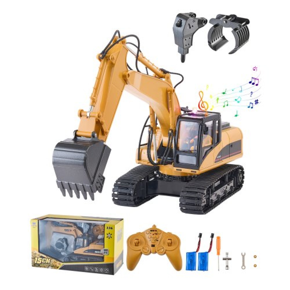 VEVOR Remote Control Excavator Toy, 15 Channel, 3 in 1 Remote Control Digger with Metal Shovel, 1:14 Scale RC Excavator with Light & Sound, Full Functional Construction Vehicles for Children, 2 Batteries