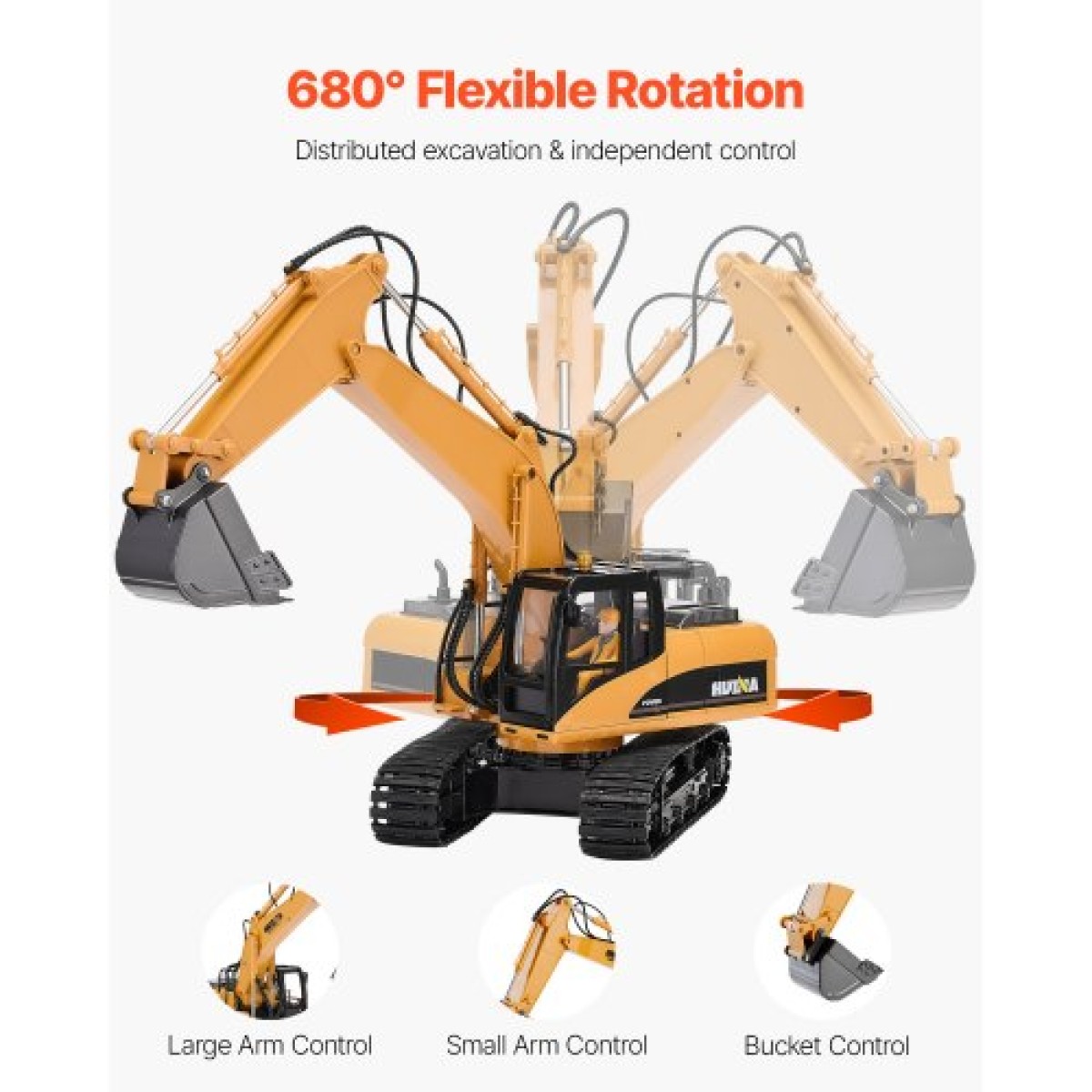 VEVOR Remote Control Excavator Toy, 15 Channel, 3 in 1 Remote Control Digger with Metal Shovel, 1:14 Scale RC Excavator with Light & Sound, Full Functional Construction Vehicles for Children, 2 Batteries
