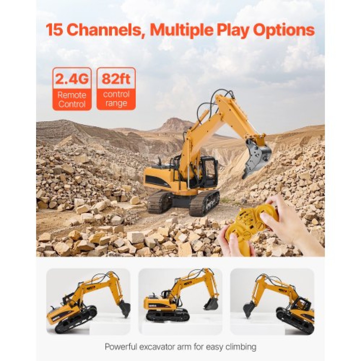 VEVOR Remote Control Excavator Toy, 15 Channel, 3 in 1 Remote Control Digger with Metal Shovel, 1:14 Scale RC Excavator with Light & Sound, Full Functional Construction Vehicles for Children, 2 Batteries
