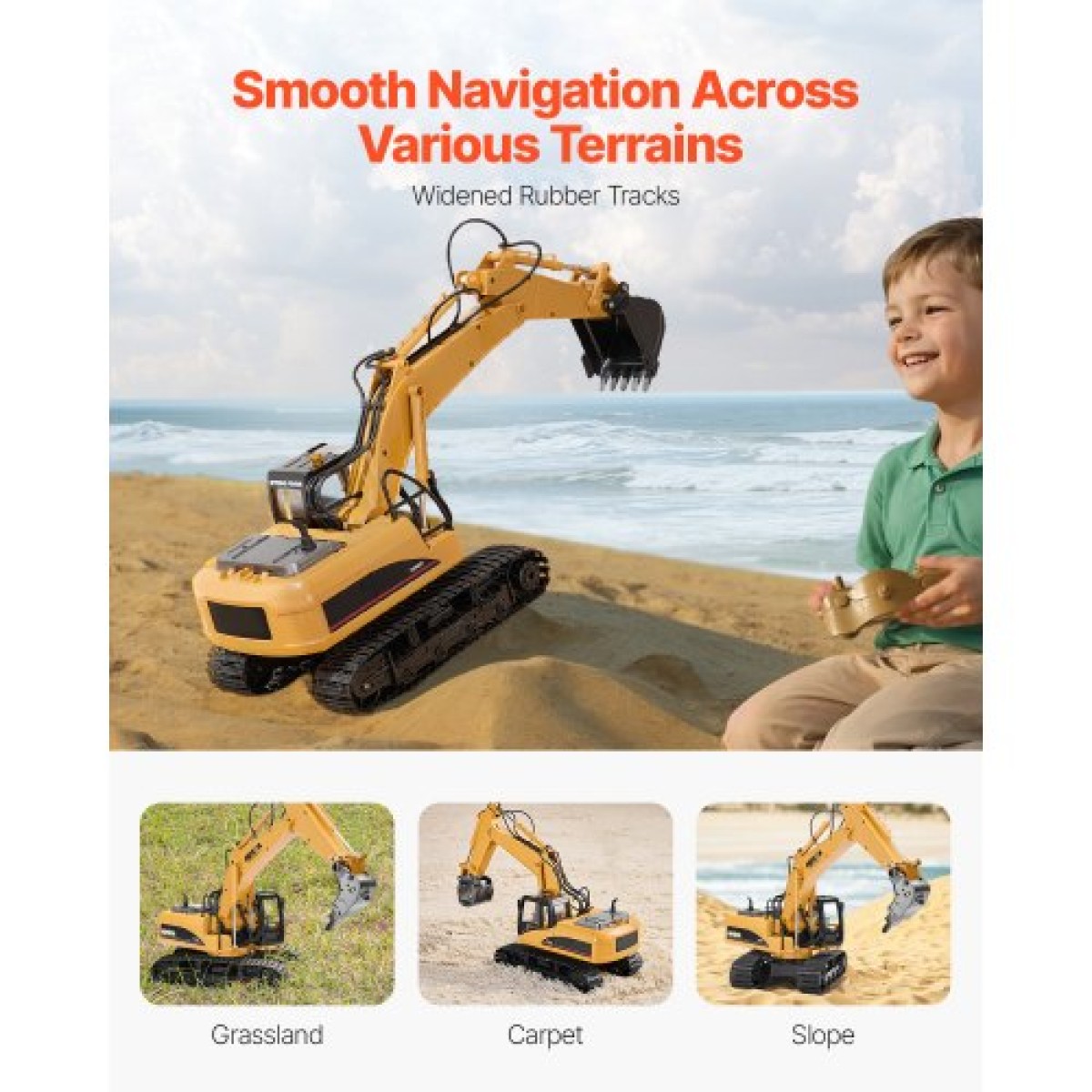 VEVOR Remote Control Excavator Toy, 15 Channel, 3 in 1 Remote Control Digger with Metal Shovel, 1:14 Scale RC Excavator with Light & Sound, Full Functional Construction Vehicles for Children, 2 Batteries