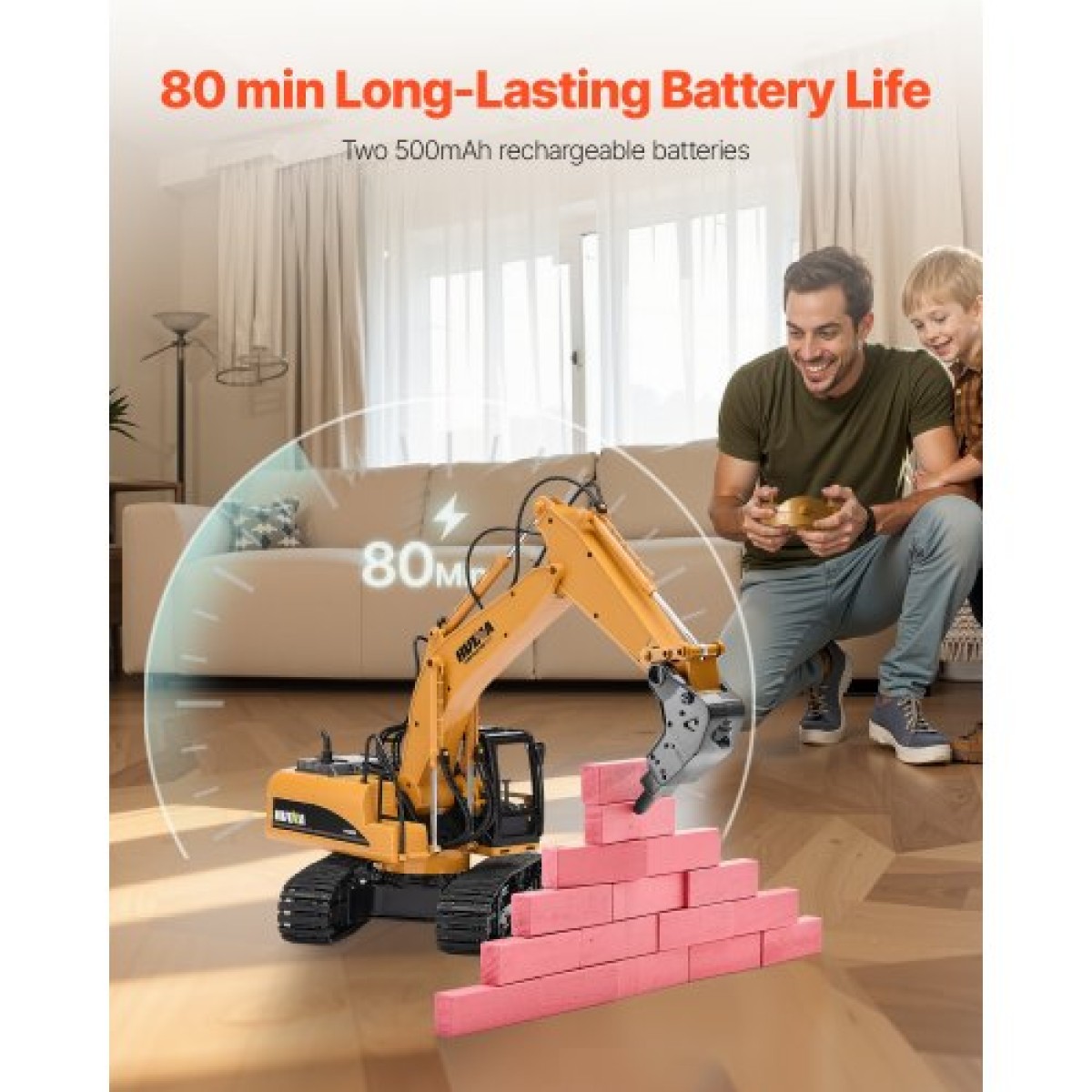 VEVOR Remote Control Excavator Toy, 15 Channel, 3 in 1 Remote Control Digger with Metal Shovel, 1:14 Scale RC Excavator with Light & Sound, Full Functional Construction Vehicles for Children, 2 Batteries