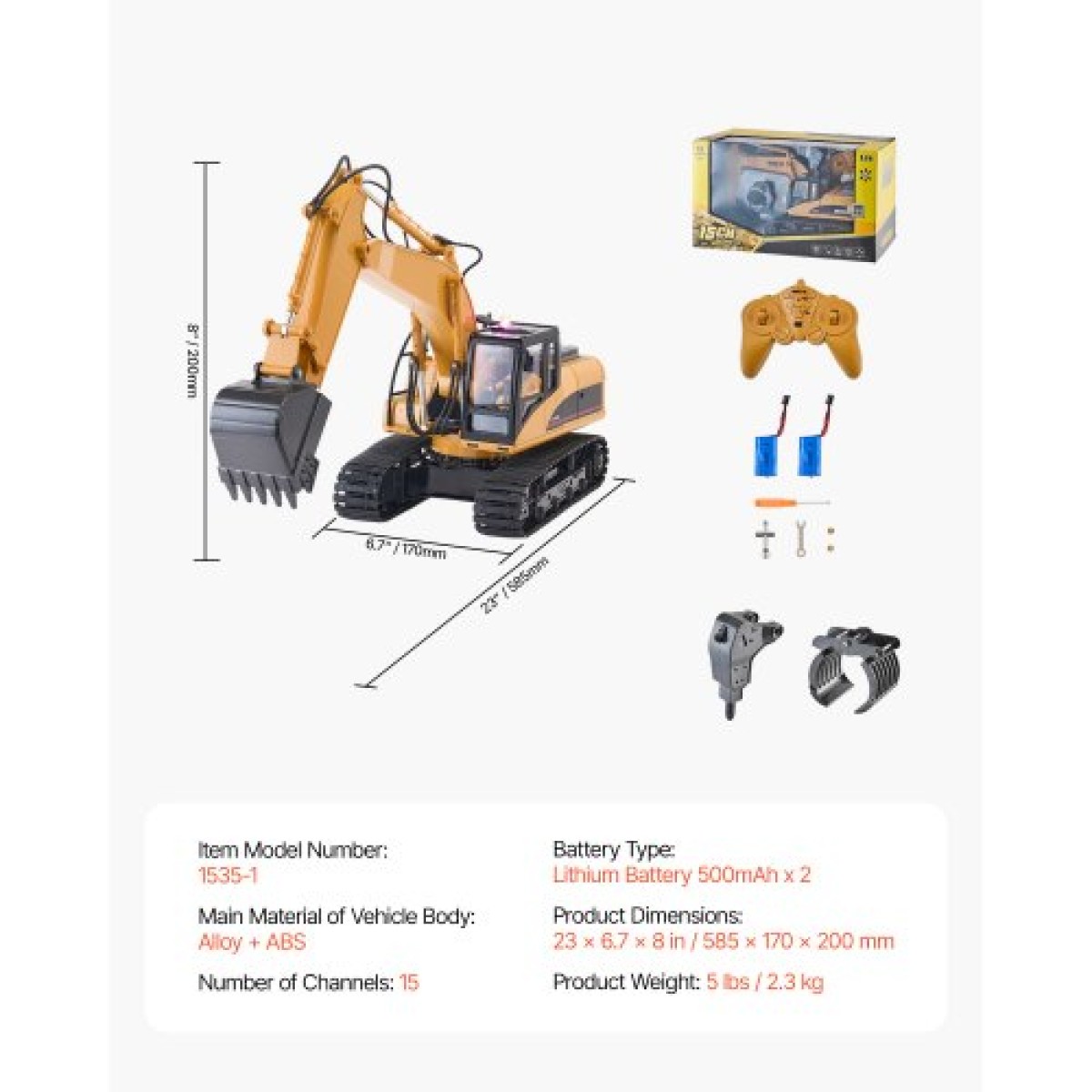 VEVOR Remote Control Excavator Toy, 15 Channel, 3 in 1 Remote Control Digger with Metal Shovel, 1:14 Scale RC Excavator with Light & Sound, Full Functional Construction Vehicles for Children, 2 Batteries