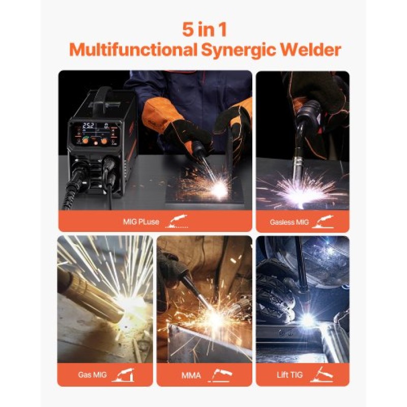 VEVOR Pro MIG Welder, 200Amp Pluse Mig Welding Machine, 5-in-1 Welder Machine MIG Pluse/Gas MIG/Flux Core MIG/Stick/Lift TIG με τεχνολογία IGBT Inverter και οθόνη LCD