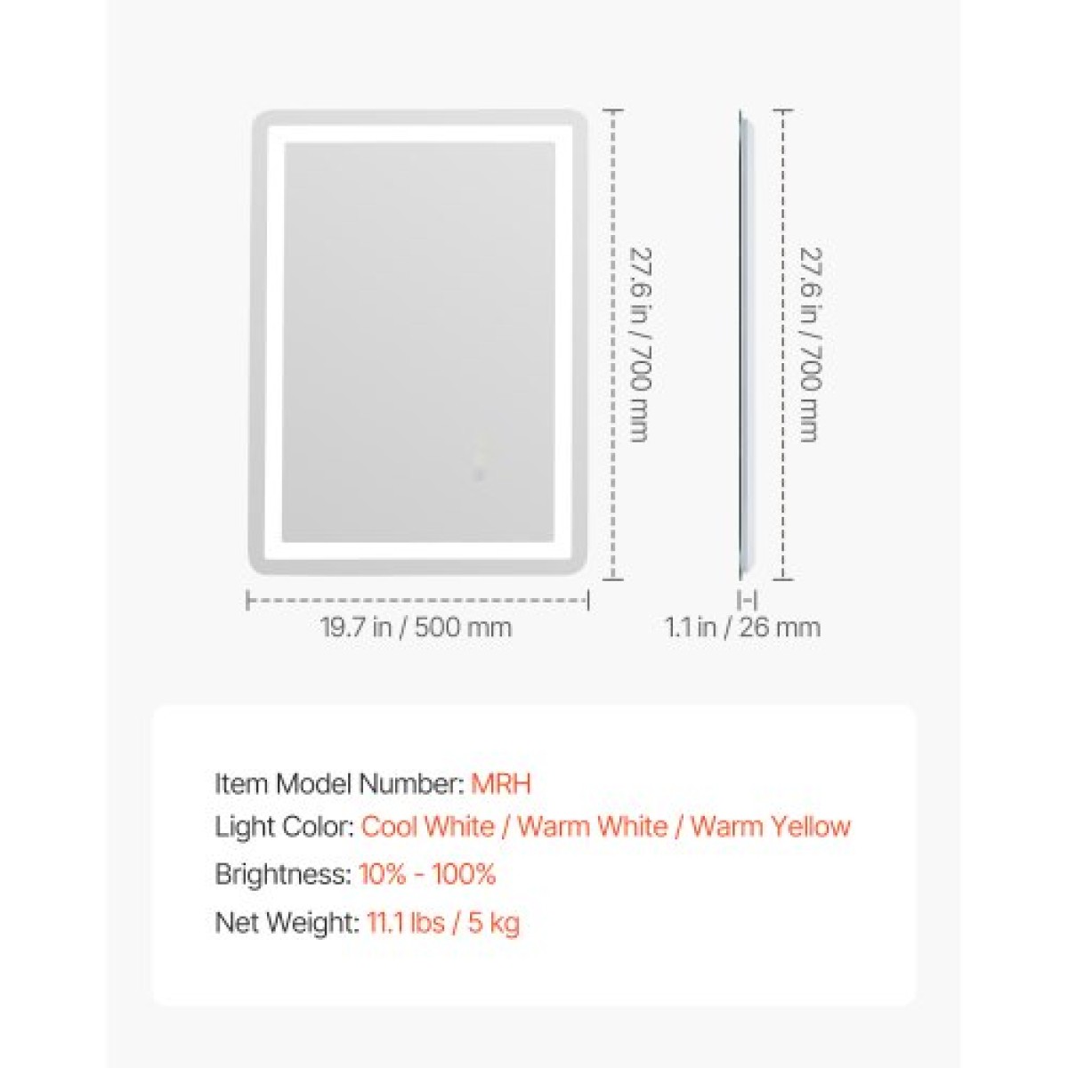 Καθρέφτης μπάνιου VEVOR LED, 50 x 70 cm Καθρέφτης μπάνιου LED με μπροστινό φωτισμό και οπίσθιο φωτισμό, καθρέφτης μνήμης κατά της ομίχλης με φώτα, Stepless 3 χρώματα Καθρέφτης μπάνιου με δυνατότητα ρύθμισης θερμοκρασίας, επιτοίχιος