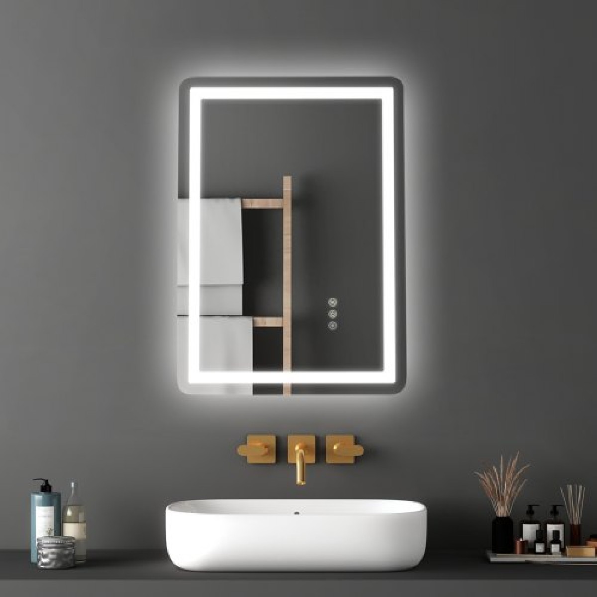 Καθρέφτης μπάνιου VEVOR LED, 50 x 70 cm Καθρέφτης μπάνιου LED με μπροστινό φωτισμό και οπίσθιο φωτισμό, καθρέφτης μνήμης κατά της ομίχλης με φώτα, Stepless 3 χρώματα Καθρέφτης μπάνιου με δυνατότητα ρύθμισης θερμοκρασίας, επιτοίχιος
