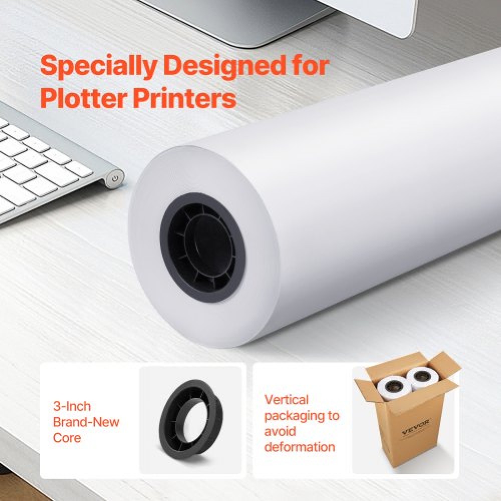 Χαρτί ευρείας μορφής VEVOR, 61 cm x 152,4 m Paper Plotter, 2 Rolls CAD Bond Rolls με 7,62 cm Core, 75 g/m² Rolls Bond Paper, Idea for CAD Drawings, Engineering Plans, GIS Maps & Architectural Designs