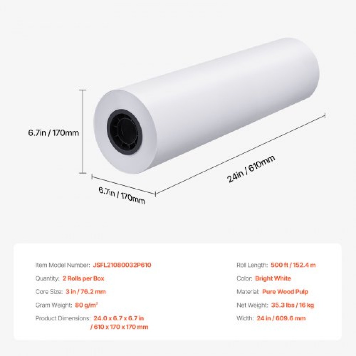 Χαρτί ευρείας μορφής VEVOR, 61 cm x 152,4 m Paper Plotter, 2 Rolls CAD Bond Rolls με 7,62 cm Core, 75 g/m² Rolls Bond Paper, Idea for CAD Drawings, Engineering Plans, GIS Maps & Architectural Designs