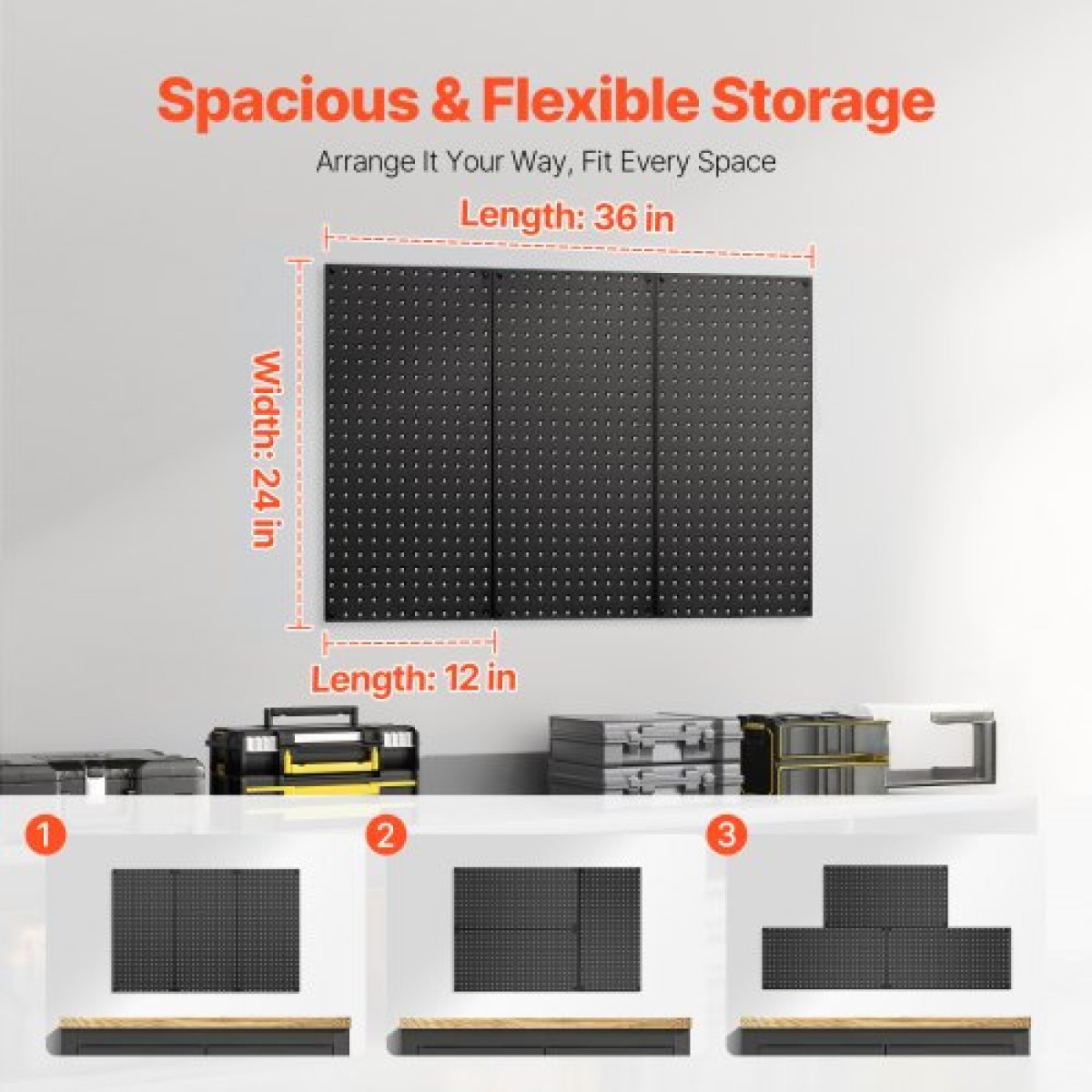 Πάνελ VEVOR Metal Pegboard, 24" x 12" Pegboard, 3 πάνελ, Ατσάλινο μανταλάκι βαρέως τύπου Οργανωτής τοίχου, για Σαλόνι Γκαράζ Αποθήκευση εργαλείων Πάγκος εργασίας Οργάνωση γραφείου Craft Room Κουζίνα Σπίτι, Μαύρο