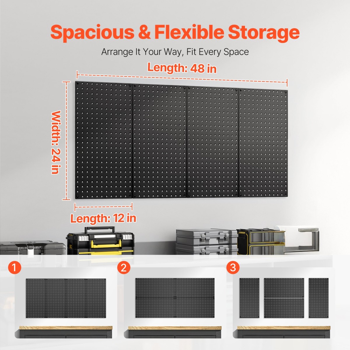 Πάνελ VEVOR Metal Pegboard, 24" x 12" Pegboard, 4 πάνελ, Ατσάλινο μανταλάκι βαρέως τύπου Οργανωτής τοίχου, για Σαλόνι Γκαράζ Αποθήκευση εργαλείων Πάγκος εργασίας Οργάνωση γραφείου Craft Room Κουζίνα Σπίτι, Μαύρο