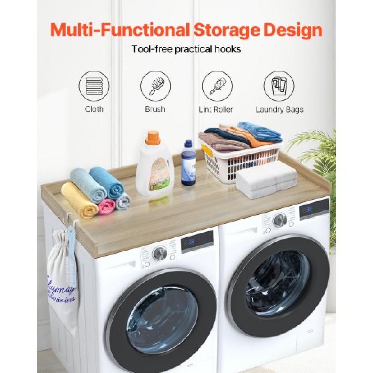 Πάγκος VEVOR Washer Dryer, 54" x 27" Ξύλινος πάγκος πλυντηρίου και στεγνωτηρίου, Αδιάβροχο κάλυμμα πλυντηρίου ρούχων με αντιολισθητικά μαξιλαράκια, για οργάνωση και αποθήκευση πλυντηρίου, δρυς