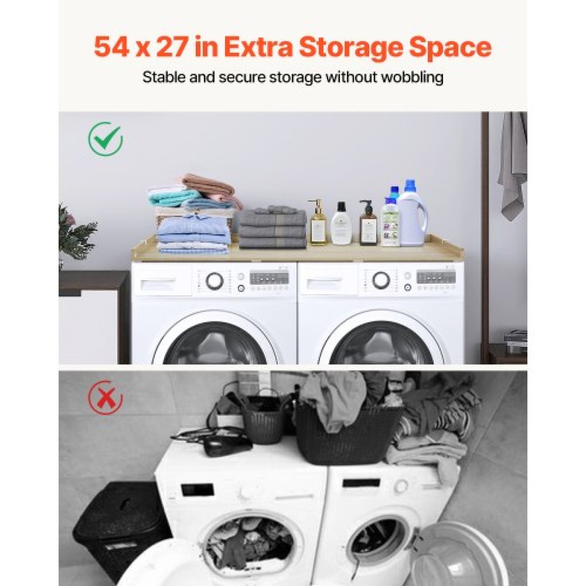 Πάγκος VEVOR Washer Dryer, 54" x 27" Ξύλινος πάγκος πλυντηρίου και στεγνωτηρίου, Αδιάβροχο κάλυμμα πλυντηρίου ρούχων με αντιολισθητικά μαξιλαράκια, για οργάνωση και αποθήκευση πλυντηρίου, δρυς