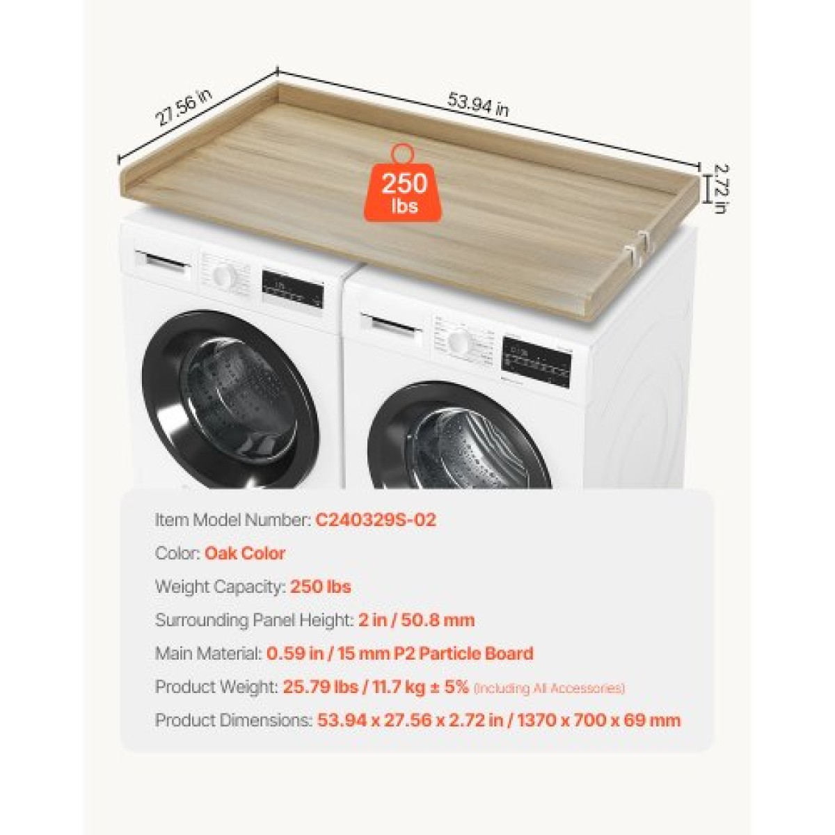 Πάγκος VEVOR Washer Dryer, 54" x 27" Ξύλινος πάγκος πλυντηρίου και στεγνωτηρίου, Αδιάβροχο κάλυμμα πλυντηρίου ρούχων με αντιολισθητικά μαξιλαράκια, για οργάνωση και αποθήκευση πλυντηρίου, δρυς