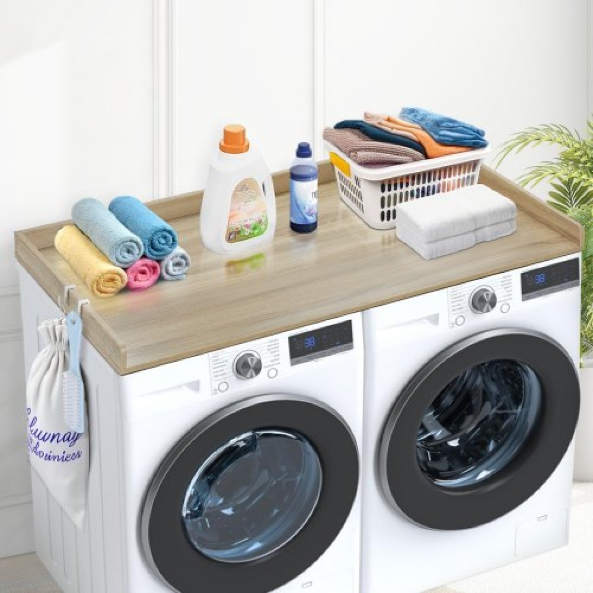 Πάγκος VEVOR Washer Dryer, 54" x 27" Ξύλινος πάγκος πλυντηρίου και στεγνωτηρίου, Αδιάβροχο κάλυμμα πλυντηρίου ρούχων με αντιολισθητικά μαξιλαράκια, για οργάνωση και αποθήκευση πλυντηρίου, δρυς
