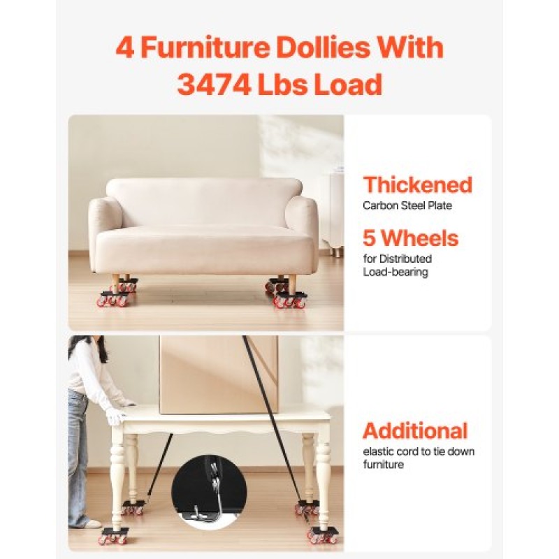 VEVOR Furniture Dolly, Μέγιστο Φορτίο 3474 lbs, Μετακινήσεις επίπλων βαρέως τύπου με 5 τροχούς περιστροφής 360°, πάνελ από ανθρακούχο χάλυβα, Σετ εργαλείων ανύψωσης επίπλων για ηλεκτρικές συσκευές, καναπέ, ψυγείο, πλυντήριο ρούχων
