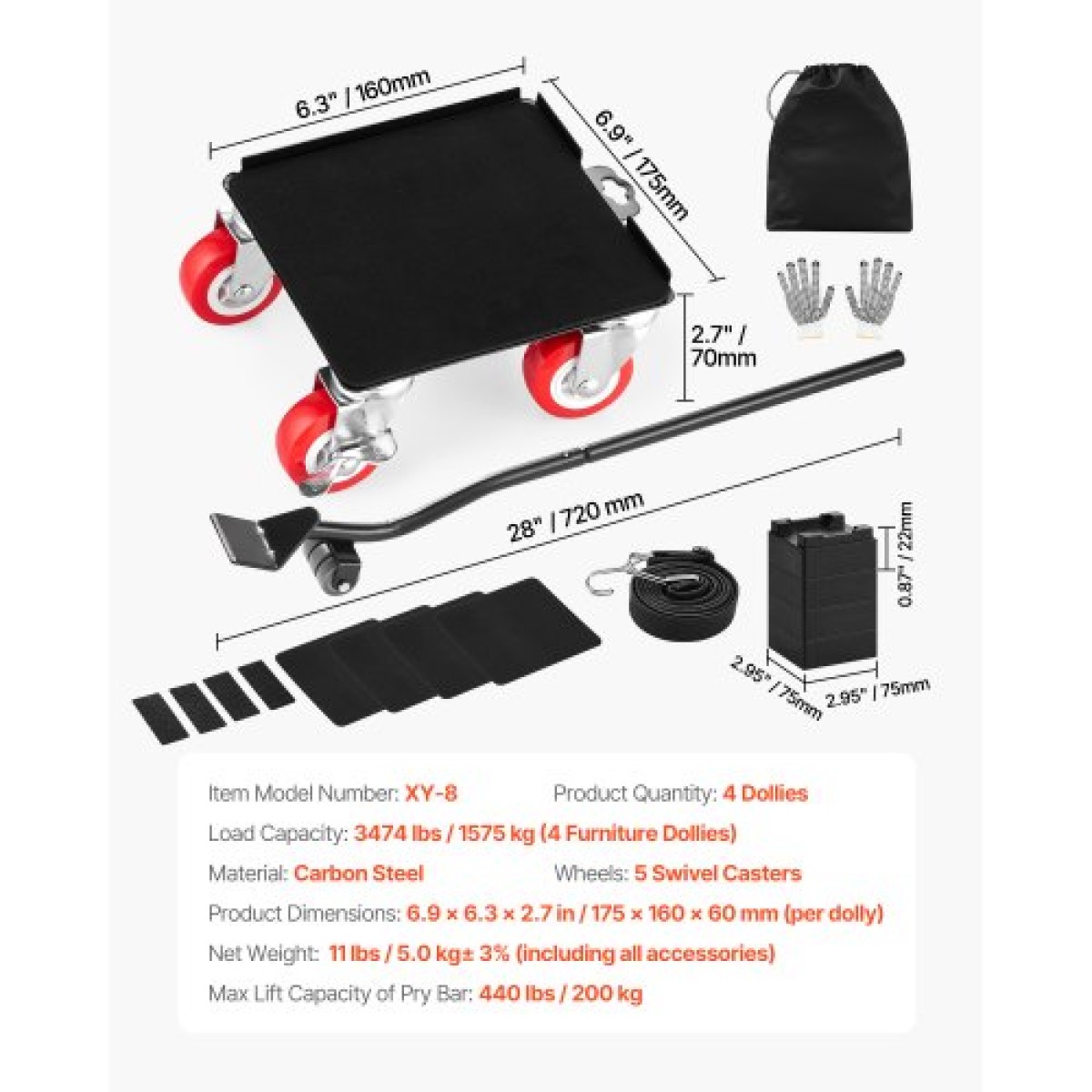 VEVOR Furniture Dolly, Μέγιστο Φορτίο 3474 lbs, Μετακινήσεις επίπλων βαρέως τύπου με 5 τροχούς περιστροφής 360°, πάνελ από ανθρακούχο χάλυβα, Σετ εργαλείων ανύψωσης επίπλων για ηλεκτρικές συσκευές, καναπέ, ψυγείο, πλυντήριο ρούχων
