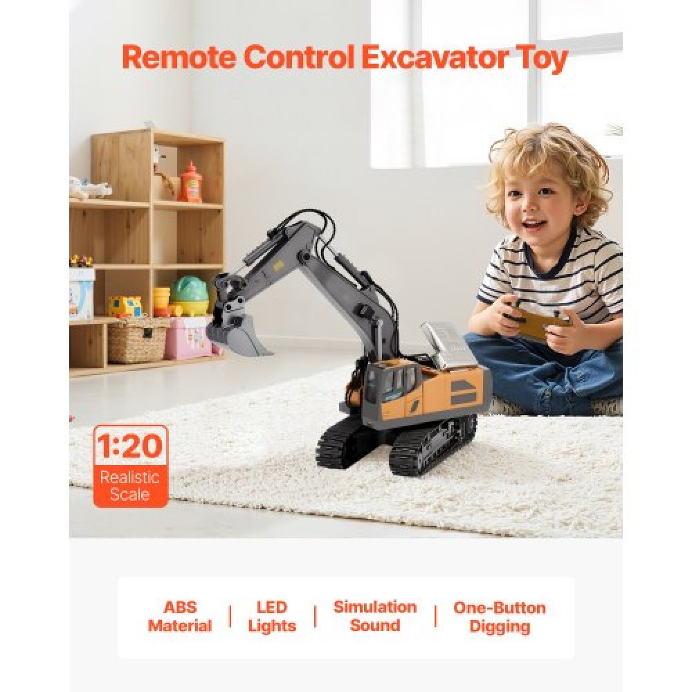 VEVOR Remote Control Excavator Toy, 11 Channel, 1:20 Scale Remote Control Digger Toy, RC Excavator with Lights & Sounds, Full Functional Construction Vehicles for Children, 2 Batteries, Δώρο γενεθλίων