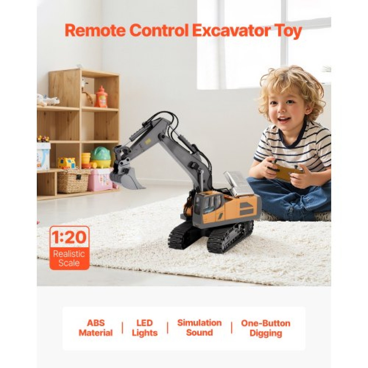 VEVOR Remote Control Excavator Toy, 11 Channel, 1:20 Scale Remote Control Digger Toy, RC Excavator with Lights & Sounds, Full Functional Construction Vehicles for Children, 2 Batteries, Δώρο γενεθλίων